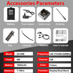2pcs Baofeng UV-5RE Long Rang 10 KM Walkie Talkie PTT Earpieces Portable Radio Amateur Baofeng UV-5R Plus Car Radio Station UV5R